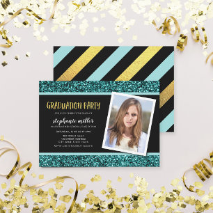 Teal Glitter Photo Graduation Party Invitation Einladung