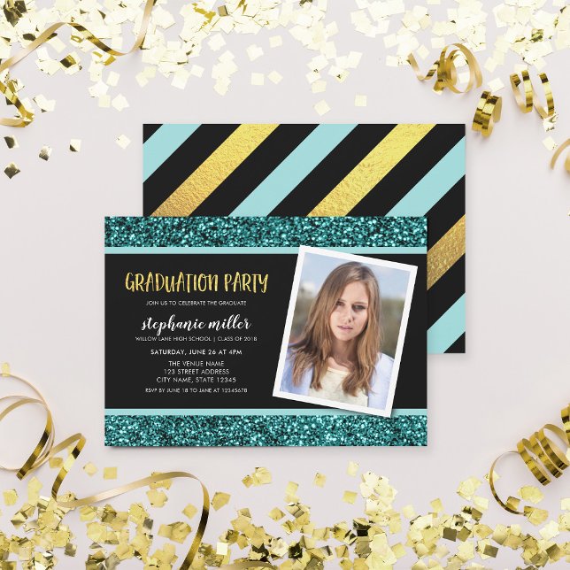 Teal Glitter Photo Graduation Party Invitation Einladung (Von Creator hochgeladen)