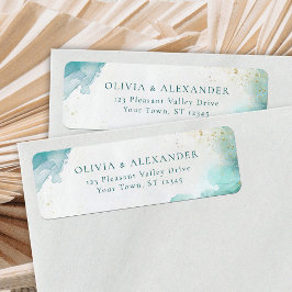 Teal Gold Abstract Beach Wedding Return Address