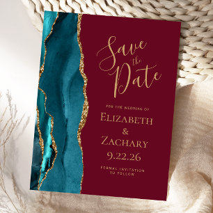 Teal Gold Achat Burgunder Hochzeit Terminankündigu Ankündigungspostkarte