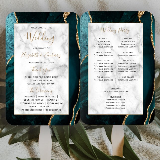 Teal Gold Achat-Marmor-Hochzeitsprogramm Fächer (Von Creator hochgeladen)