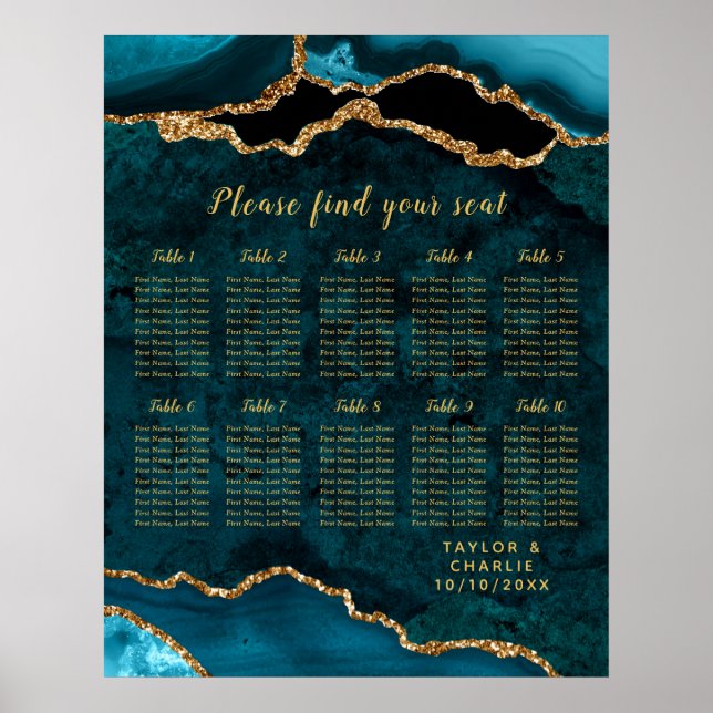 Teal Gold Agate Wedding Seating Chart 10 Table Poster (Vorne)