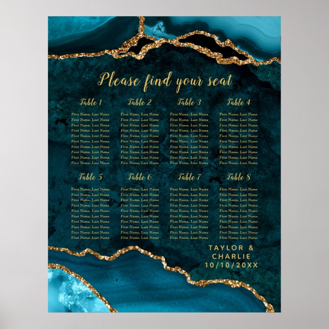 Teal Gold Agate Wedding Seating Chart 8 Table Poster (Vorne)
