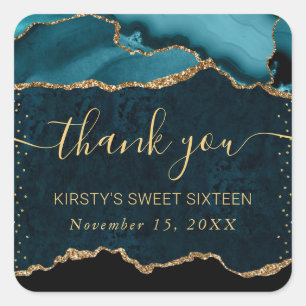 Teal & Gold Faux Glitter Achat-Marmor Sweet 16 Quadratischer Aufkleber