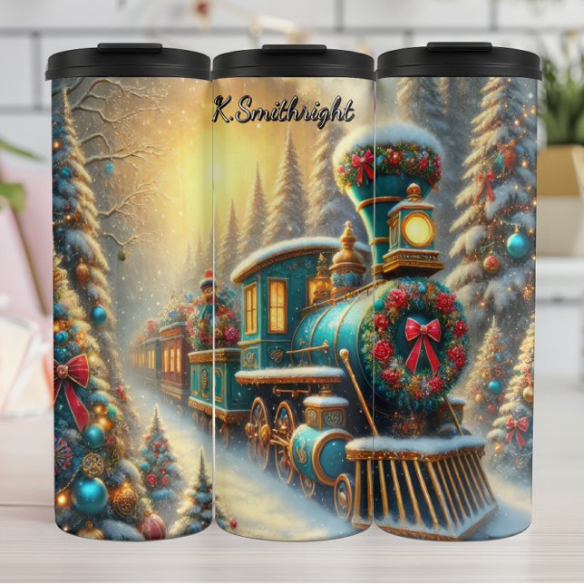 Teal Gold Festive Train Snowy Forest Thermosbecher (Von Creator hochgeladen)