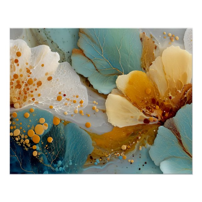 Teal Gold Fluid Art Abstrakt Poster (Vorderseite)