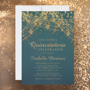 Teal Gold Glitter Lichterkette Quinceañera Einladung