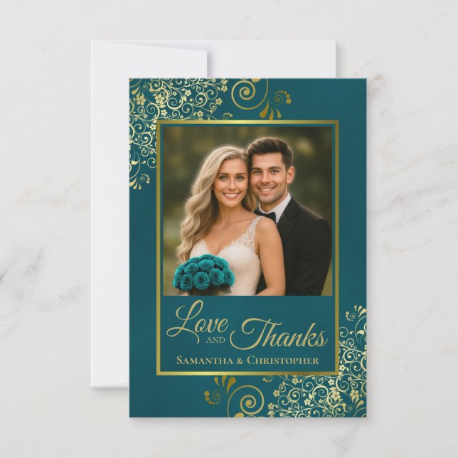 Teal & Gold Love & Thanks Photo & Note Wedding Dankeskarte (Vorderseite)