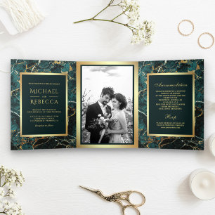 Teal Gold Marmor Faux Goldfolie Foto Hochzeit Dreifach Gefaltete Einladung
