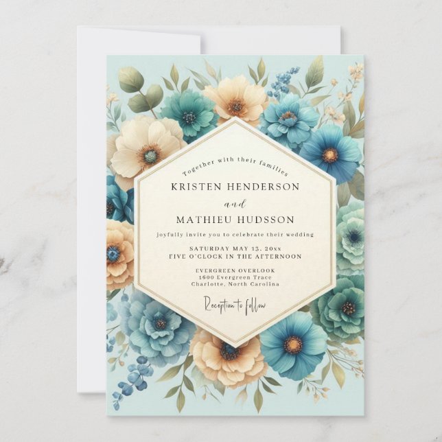 Teal Gold Painterly Bloom Wedding Einladung (Vorderseite)