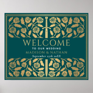 Teal Gold Schwert Königliche Hochzeit Willkommenss Poster