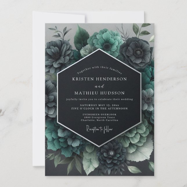 Teal Gothic Bloom Hochzeit Einladung (Vorderseite)