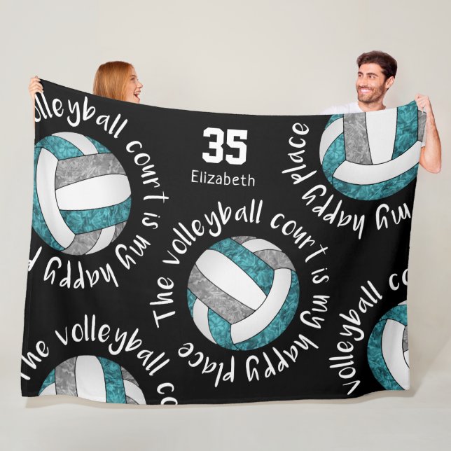 Teal Gray Volleyball Court Happy Place Typography Fleecedecke (Beispiel)
