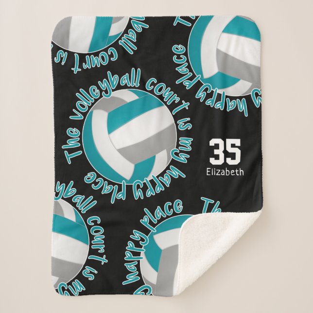 Teal Gray Volleyball Court Happy Place Typography Sherpadecke (Vorderseite)