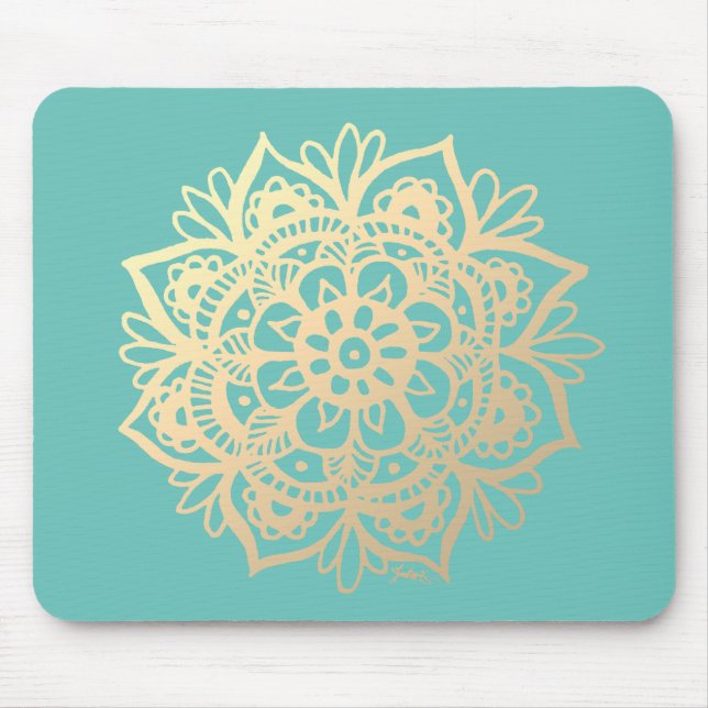 Teal Green and Gold Mandala Flower Mousepad (Vorne)