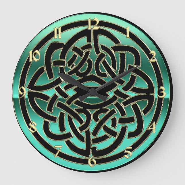 Teal Green Black and Gold Celtic Knot Wall Clock Große Wanduhr (Vorderseite)