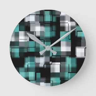 Teal Green Blue Black White Abstract Plaid Runde Wanduhr