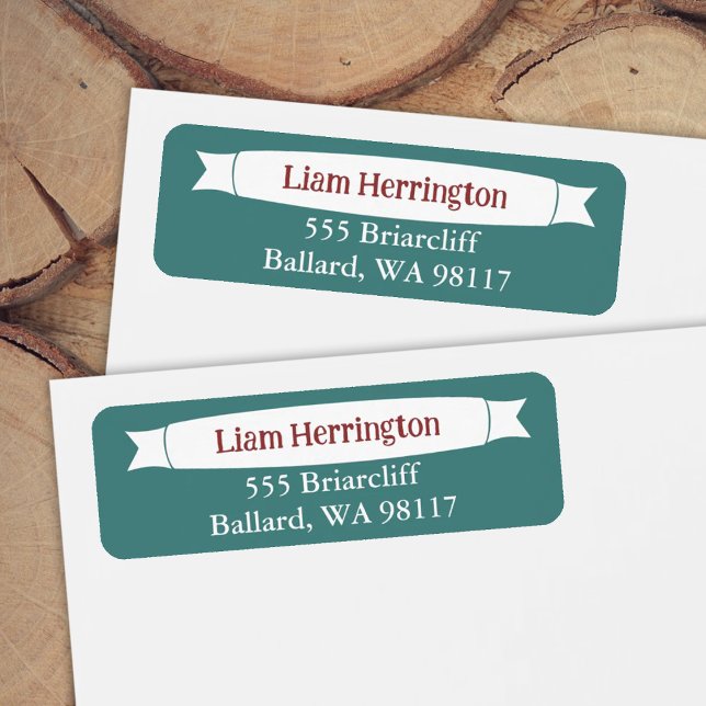 Teal Green & Burgundy Address Label with Banner (teal green and burgundy red return address labels for envelopes)