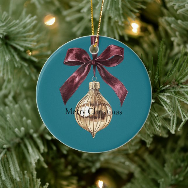 Teal Green Burgundy Bow Gold Ornament Christmas (Baum)