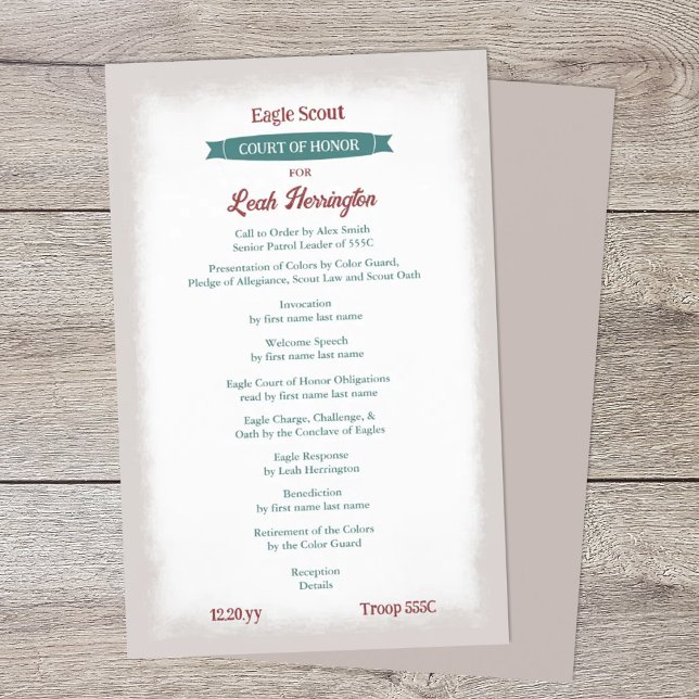 Teal Green & Burgundy Court of Honor Program Flyer (teal green and burgundy eagle scout court of honor ceremony program)