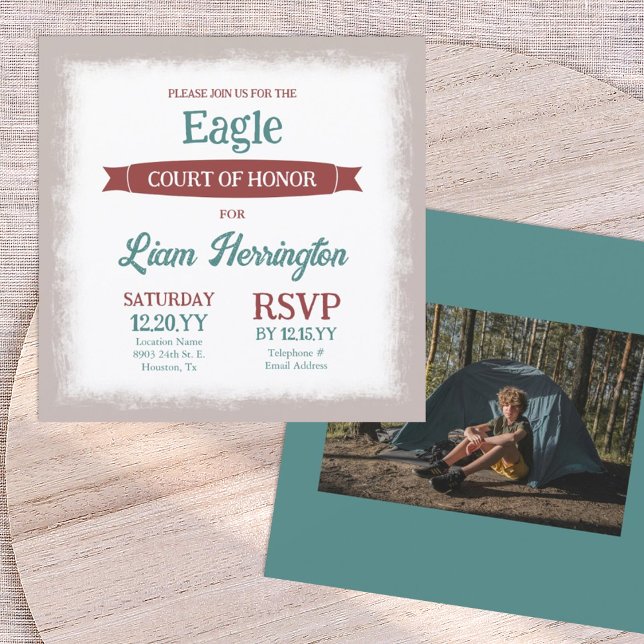 Teal Green, Burgundy Eagle Scout Court of Honor Einladung (teal green and burgundy red eagle scout court of honor party invitation with picture, banner ribbon)