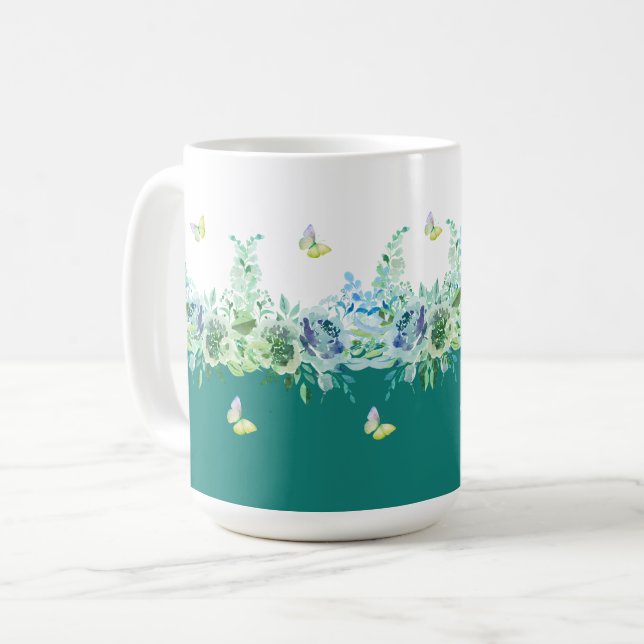 Teal Green Butterflies Floral Mug Kaffeetasse (Vorderseite Links)