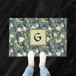 Teal Green Chinoiserie Floral White Initial  Fußmatte