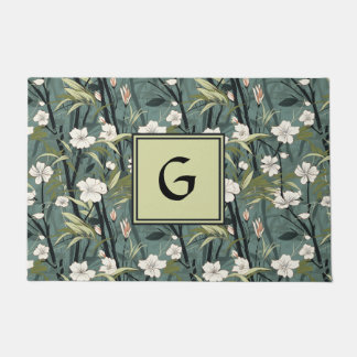 Teal Green Chinoiserie Floral White Initial Fußmatte