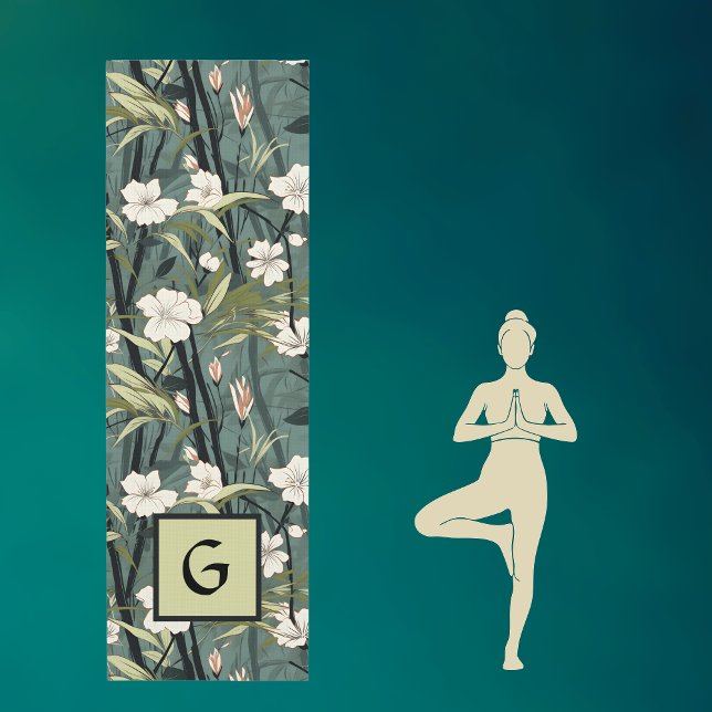 Teal Green Chinoiserie Initial Tropical Floral Yogamatte (Von Creator hochgeladen)
