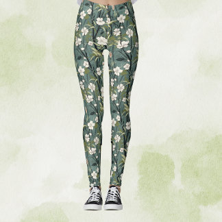 Teal Green Chinoiserie Tropical White Gold Floral Leggings