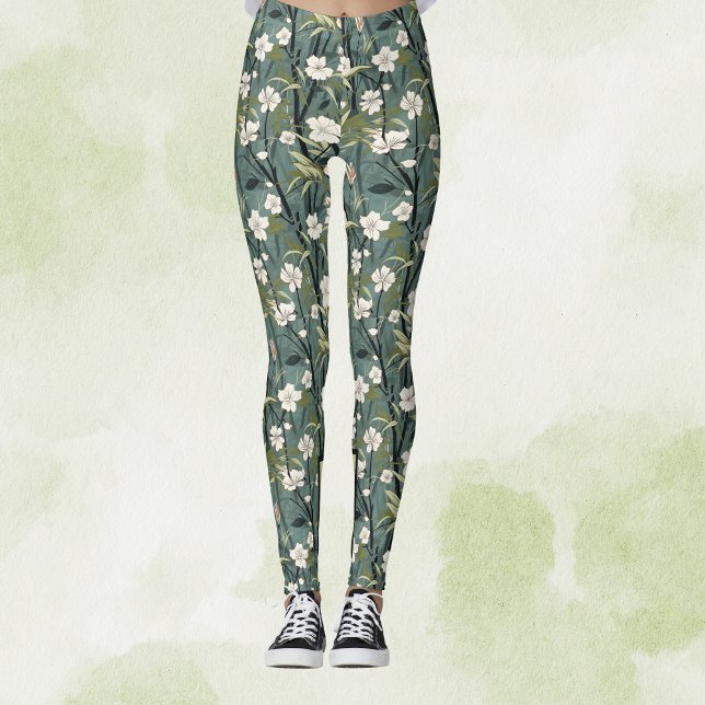 Teal Green Chinoiserie Tropical White Gold Floral Leggings (Von Creator hochgeladen)