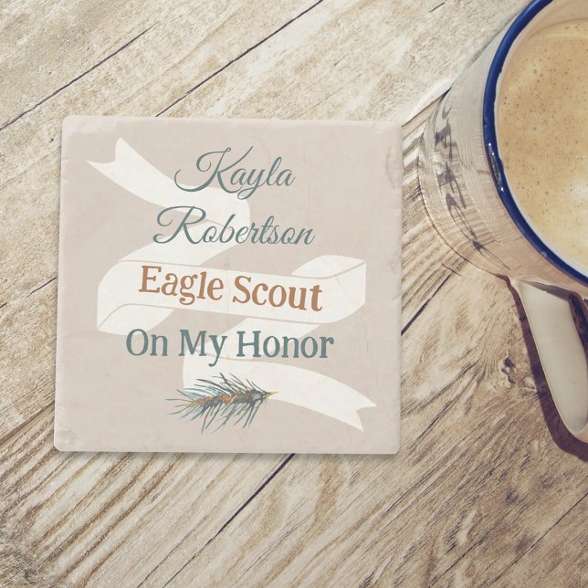Teal Green, Copper, Beige Eagle Scout, On My Honor Steinuntersetzer (teal green copper eagle scout court of honor, rustic pine needles, personalized gift coaster)