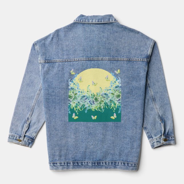 Teal Green Floral Butterfly Denim Jacket Jeansjacke (Rückseite)