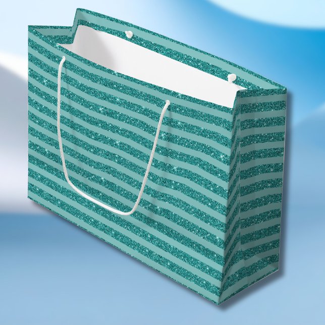 Teal Green Glitter Style Horizontal Stripes Große Geschenktüte (Von Creator hochgeladen)