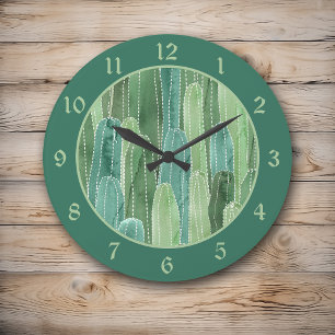 Teal Green Watercolor Cacti Pattern Große Wanduhr