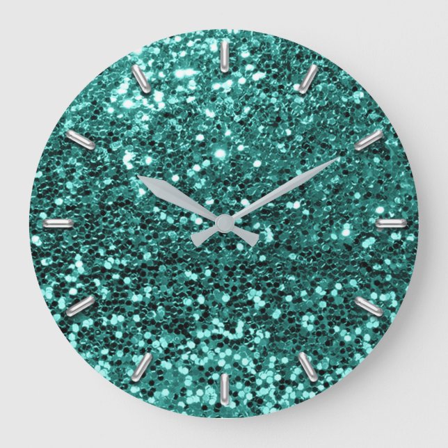 Teal Greenery Aqua Sparkly Falsch Glitter Gray Gla Große Wanduhr (Vorderseite)