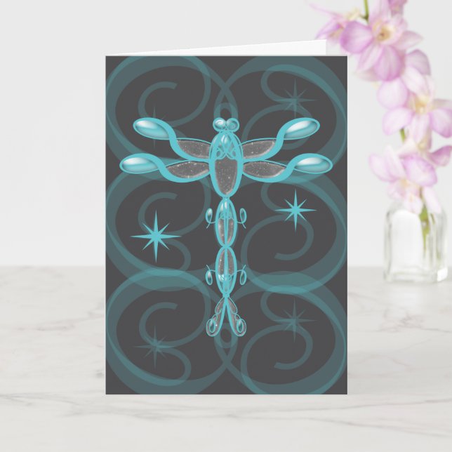 Teal, Grey, Glass Dragonfly with Stars Birthday Karte (Orchidee)