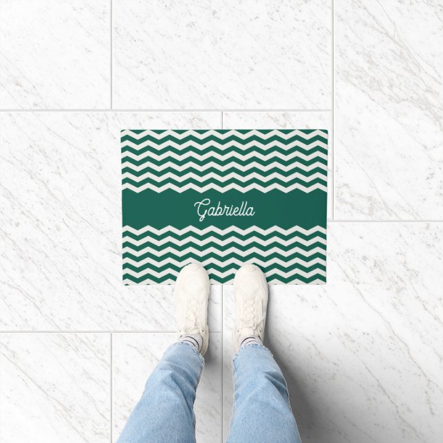 Teal Grün Chevron Zickzack-Streifenmuster Fußmatte (Indoor)