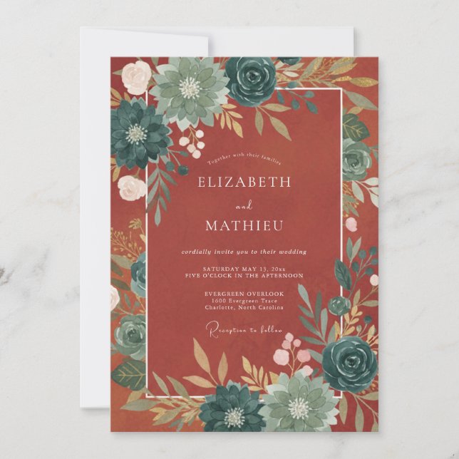 Teal Herbstliche Blumenhochzeit Einladung (Vorderseite)