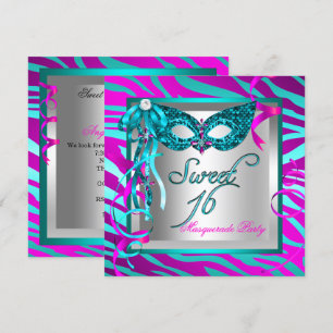 Teal Hot Pink Zebra-Maskenball Sweet 16 Sechzehn Einladung
