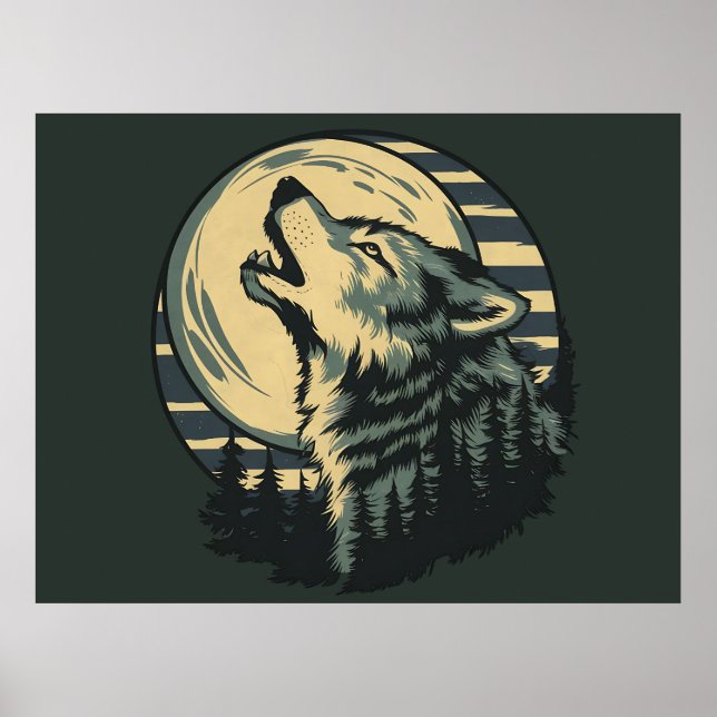 Teal Howling Wolf Moon Art Poster (Vorne)