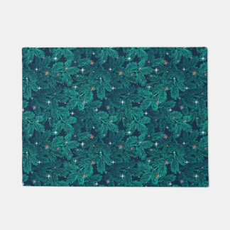 Teal Kiefernzweige mit weißen Schneeflocken Fußmatte
