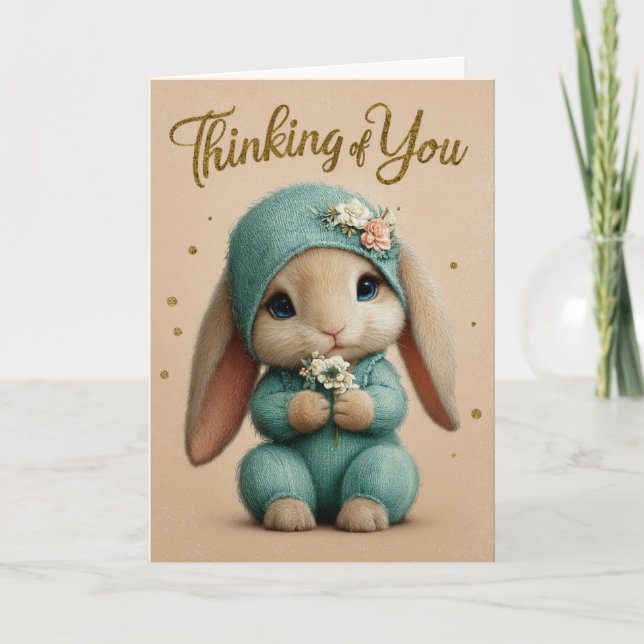 Teal Knit Baby Bunny Thinking of You Card Karte (Vorderseite)