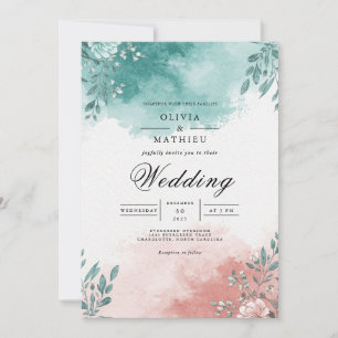 Teal-Korallen-Blumen-Splash-Hochzeit Einladung