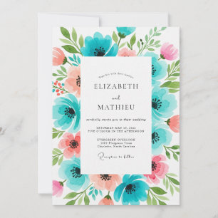 Teal-Korallen-Blütenhochzeit Einladung