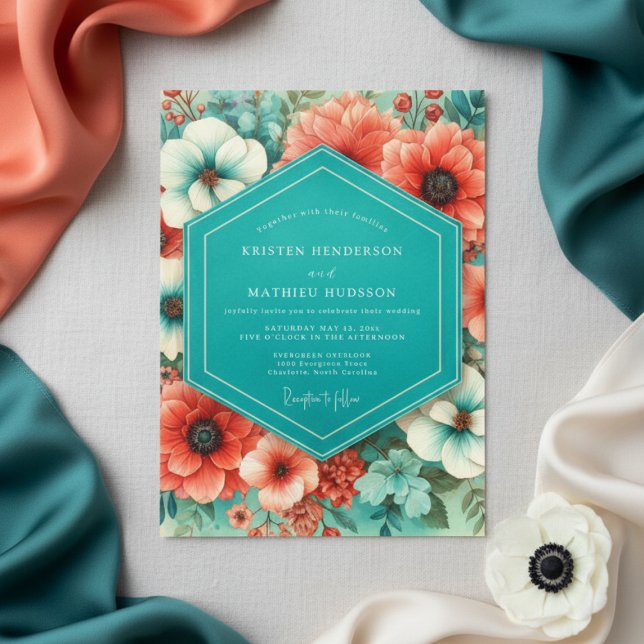 Teal-Korallen-Blütenromanze-Hochzeit Einladung (Von Creator hochgeladen)