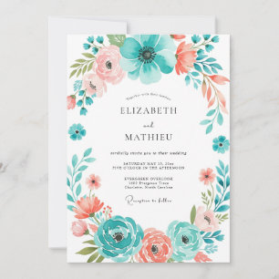 Teal-Korallen-Botanische-Blüten-Hochzeit Einladung
