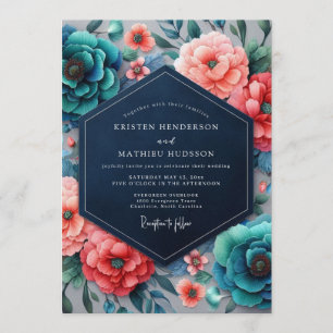 Teal-Korallen-Chromatische Flora-Hochzeit Einladung
