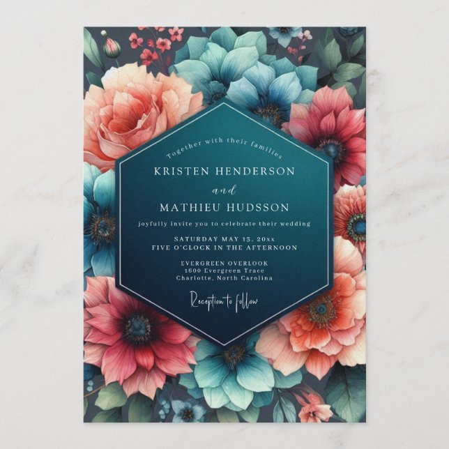 Teal-Korallen-Hochzeit Einladung (Vorderseite)