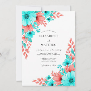 Teal-Korallen-Künstlerische Blumige Hochzeit Einladung